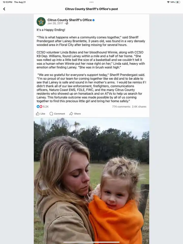 CCSO volunteer Linda Boles and her bloodhound Winnie, along with CCSO K9 Dep. Williams, found Lainey within a mile and a half of her home.